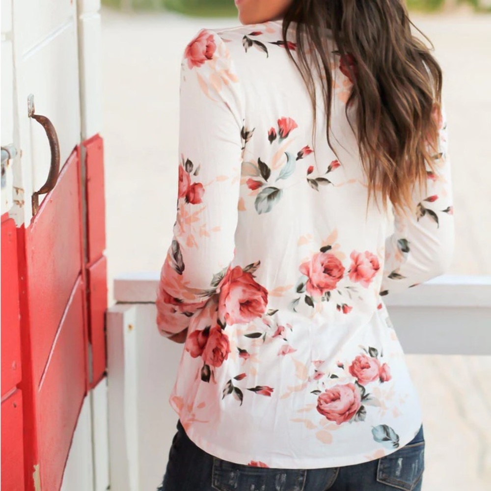 12 PM by Mon Ami Floral Long Sleeve Tee - Size S, White/Pink - Picture 10 of 14